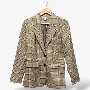 Topshop Plaid Suit Jacket Green Brown Two Button Blazer Size 6 Academia Office